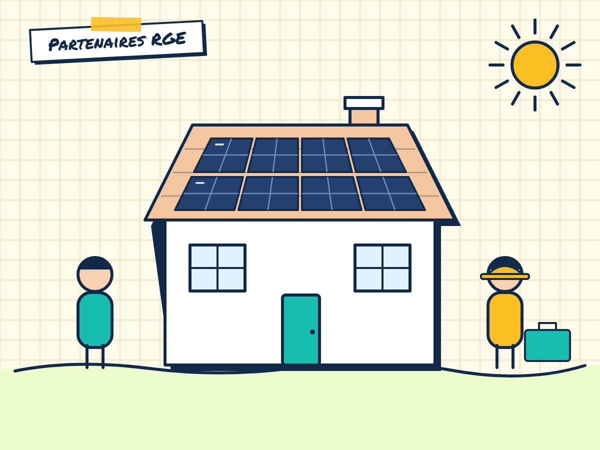 Installateur RGE devant une maison équipée de panneaux solaires et d’une pompe à chaleur